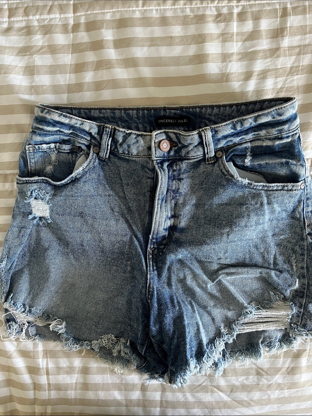Sincerly Jules Distressed Light Blue Denim Cutoff Shorts